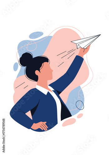 A determined woman in a suit launches a paper airplane as a symbol of her forward thinking and ambitious spirit.