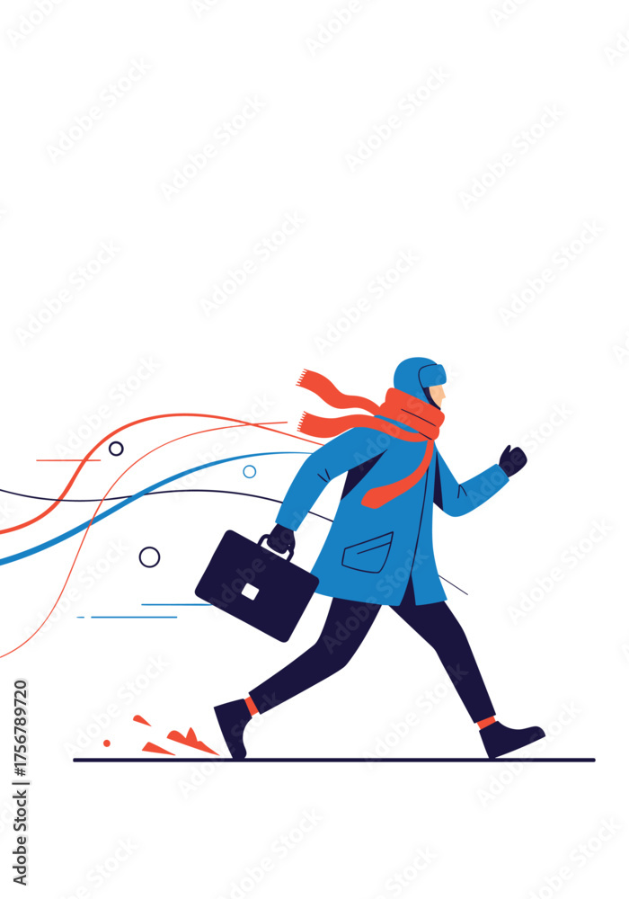 Obraz premium A man in a winter coat and scarf running with a briefcase