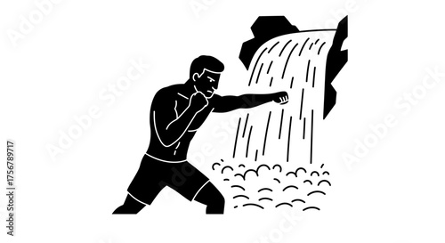 Athletic boxer training outdoors near cascading waterfall with powerful punching stance ready for competition isolated on white background