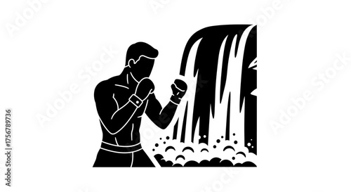 Silhouette of a boxer training intensely in front of a powerful waterfall symbolizing strength and overcoming challenges in sports and life isolated on white background