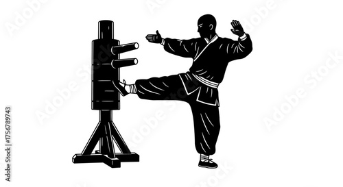 Martial arts practitioner in silhouette demonstrating kick technique on wooden training dummy for combat sports and self-defense training isolated on white background