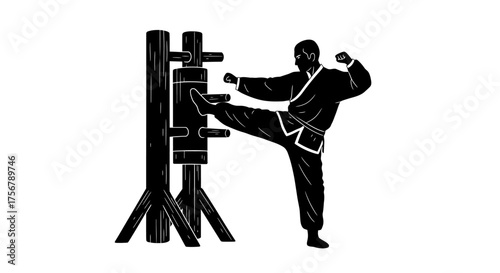 Martial arts training silhouette practicing kicking techniques on wooden dummy demonstrating combat skill and discipline isolated on white background
