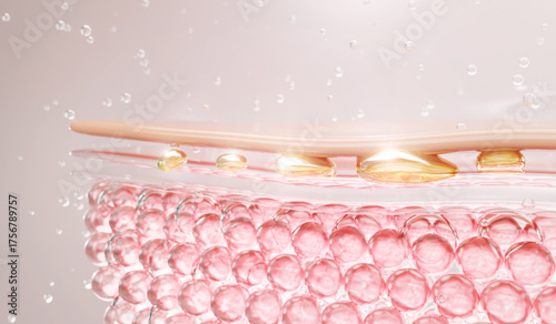 Realistic 3D skin anatomy with transparent serum bubbles beneath the surface. Ideal for cosmetic, hydration, or skin rejuvenation projects.