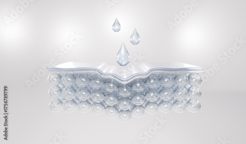Photos 3D cross-section of skin layers absorbing serum drops