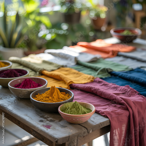 Colorful natural dyes in bowls beside dyed fabric on wooden table  