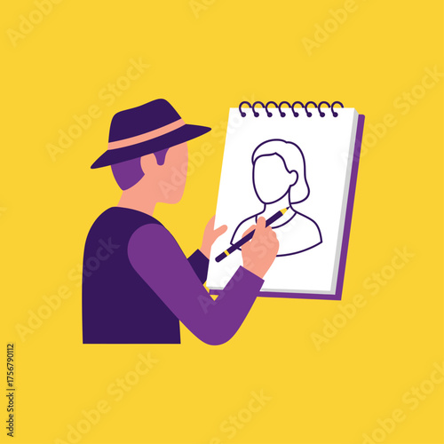 Man in hat drawing a portrait on a sketchpad, holding a pen, against a yellow background.