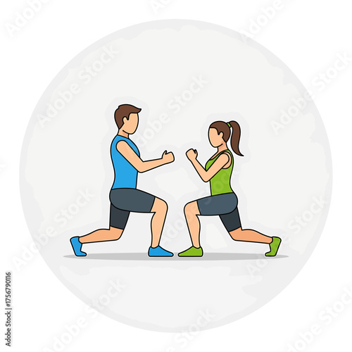 A man and woman are depicted in a vector illustration, performing a lunge exercise together.
