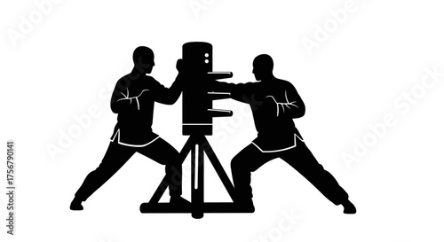 Silhouettes of martial artists training with a wooden dummy in a dynamic combat stance conveying strength and discipline isolated on white background