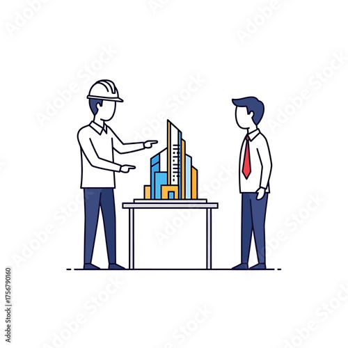 Architect with hardhat presenting a building model to a client.