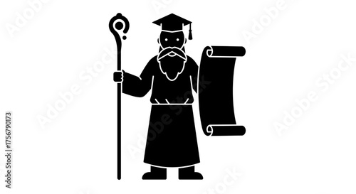Ancient wizard holding staff and scroll represents knowledge wisdom and magic in mysterious silhouette for educational or fantasy themes isolated on white background