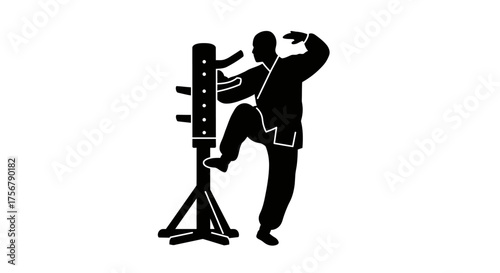 Martial arts training silhouette of wing chun dummy practice dynamic combat movements active athlete sport silhouette martial arts legend training session isolated on white background