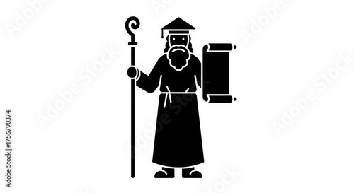 Wise ancient scholar or wizard silhouette holding a scroll and staff, symbolizing education, knowledge, wisdom, history, guidance, learning, and storytelling in a classic traditional context.