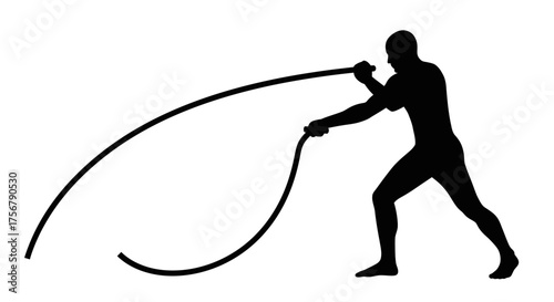Silhouette of a man performing intense battle rope exercise for strength training and cardiovascular workout demonstrating fitness and athletic power isolated on white background