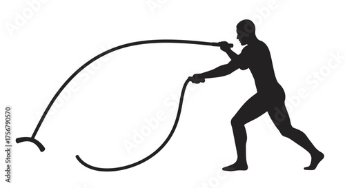 Athletic silhouette of a man engaged in intense battle rope workout for strength training and fitness exercise isolated on white background