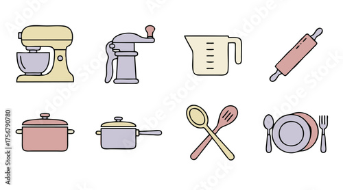 Pastel color vector icon set of kitchen utensils and cooking equipment. Includes mixer, pots, pans, and various kitchen tools for culinary design.