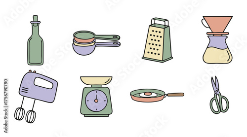 Pastel color vector icon set of kitchen utensils and cooking equipment. Includes mixer, pots, pans, and various kitchen tools for culinary design.