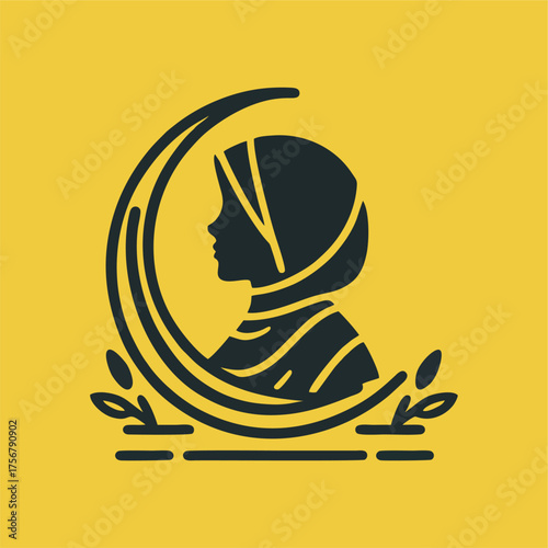 Elegant Muslim Woman Silhouette with Crescent Moon and Leaves