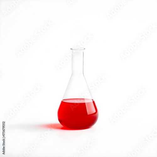 A solitary red Erlenmeyer flask with a rounded body and narrow neck sits against a pristine white background