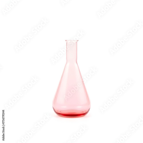A solitary red Erlenmeyer flask with a rounded body and narrow neck sits against a pristine white background