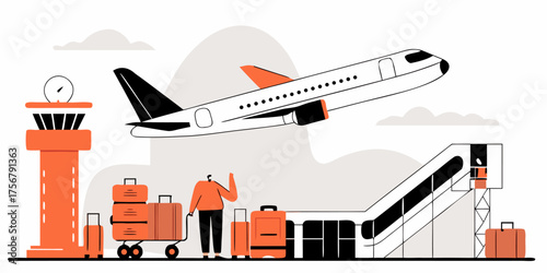 Airport Scene Vector Illustration Airplane Taking Off Passengers With Luggage at Airport Minimalist Modern Flat Design Control Tower Transportation Aircraft