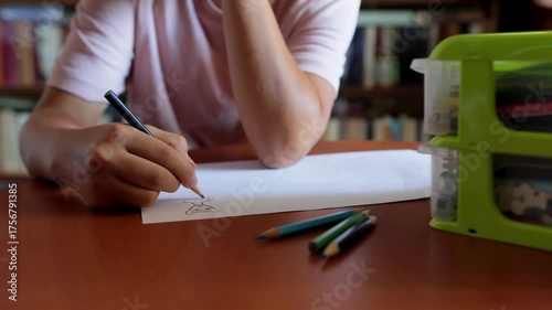 Sketching with colored pencils nearby, Pencil sketching session amidst scattered art supplies, Close view of person sketching with bright pencils on cluttered art table