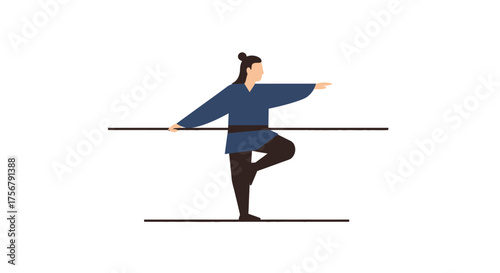 Martial arts practitioner performing dynamic tai chi pose balancing on one leg with graceful arm movements and traditional attire isolated on white background