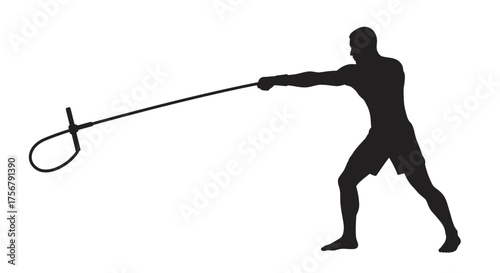 Silhouette of a man holding a lasso and preparing to throw it during outdoor activity or rodeo competition against a clean backdrop isolated on white background