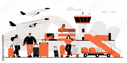 Airport Scene Vector Illustration Passengers Luggage Flight Airplane Departure Arrival Gate Baggage Claim Control Tower Ground Transportation Tourism Flat Design