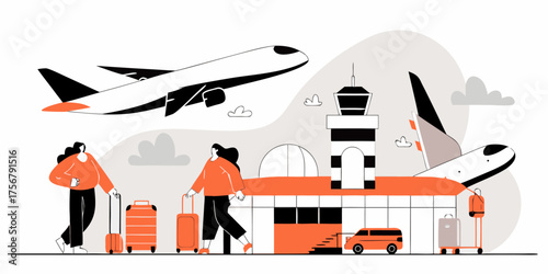 Airport Terminal Illustration Vector Passengers Luggage Airplane Flat Design Travel Tourism Transportation Flight Departure Arrival Baggage Claim Destination Global