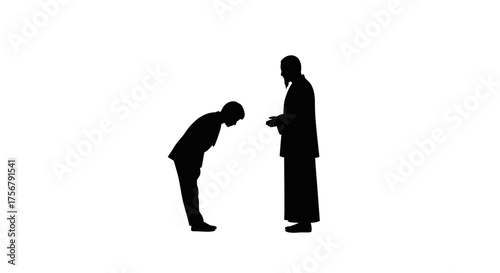 Two silhouetted figures in a formal bowing gesture symbolizing respect politeness and traditional greetings in japanese culture against a white backdrop isolated on white background