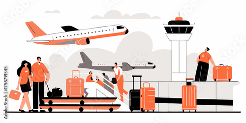 Modern Airport Scene Illustration with Passengers, Airplanes and Transportation  Waiting near the Air Traffic Control Tower