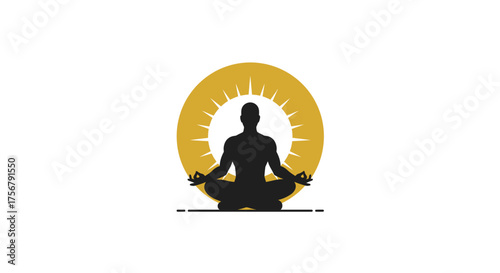 Silhouette of person in meditation pose with radiant golden sunburst symbol aura representing inner peace and spiritual enlightenment for wellness concepts isolated on white background