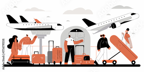 Whimsical Airport Scene Illustration Showcasing People with Luggage, and Airplanes for Modern Travel Theme