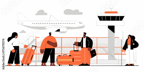 Airport Travel Scene Vector Illustration Showcasing Diverse Travelers with Luggage near Airplane Control Tower for Modern Design Project and Creative Transportation Presentation