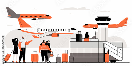 Dynamic Airport Environment Illustration Portraying People with Luggage and Transportation Aircraft Terminal