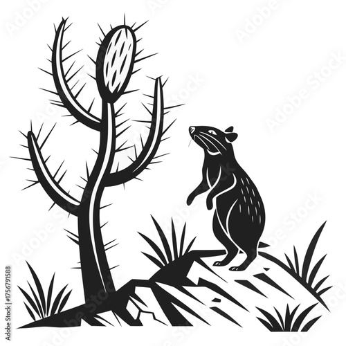 A solitary rat observes a spiky cactus in the desert night