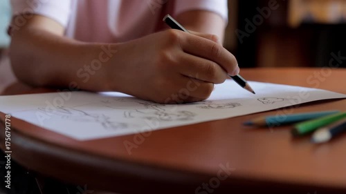 Close view of person sketching with bright pencils on cluttered art table