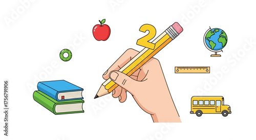 Back to School Hand Holding Pencil with School Supplies Illustration