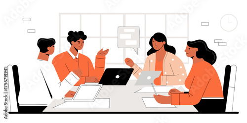 Business Team Collaboration Illustration: Strategic Planning, Idea Generation, and Project Discussion in Corporate Settings, Emphasizing Teamwork and Shared Success