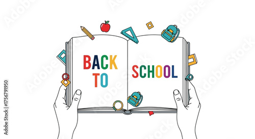 Back to School Colorful Book Illustration with School Supplies around it