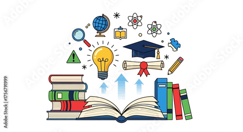 Education Knowledge Concept with Books, Diploma, Globe, and Lightbulb