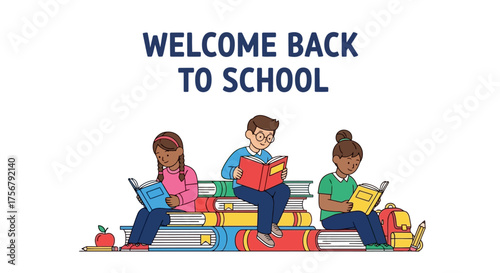 Students Reading Books on Pile of Books Welcome Back to School Illustration