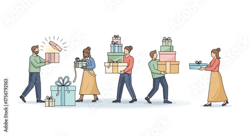 People Carrying Gifts Illustration of Celebratory Giving and Festive Cheer