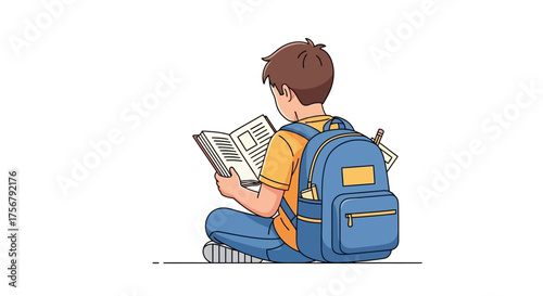 Back to School Boy Reading Book with Backpack, Education Concept