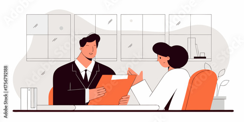 Job Interview In Office Candidate Conversation With Interviewer Business Meeting In Workplace Man Holding Folder Discussing Job Offer