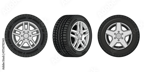 Automotive tires and wheels presented from multiple angles, illustrating diverse rim styles and durable tire treads ideal for vehicle design and transport concepts