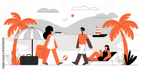 Vibrant Beach Getaway Illustration: Stylish Characters, Palm Trees, and Relaxing Seaside Ambiance in Muted Colors Vector Design