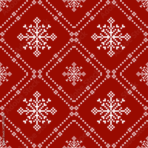 Christmas and New Year seamless pattern. White snowflakes and Christmas tree on red pixel pattern for winter hat,jumper,sweater, wrapping,fabric,border,rim,carpets, blankets, towels.