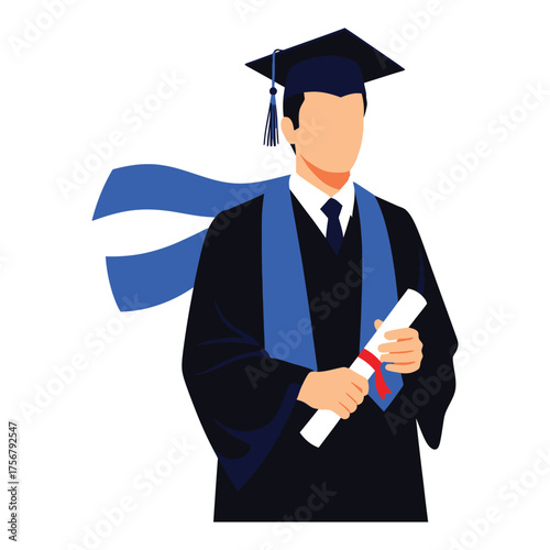 Vector illustration of a proud male graduate in a cap and gown, holding his diploma after the university commencement ceremony