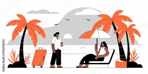 Tranquil Coastal Retreat Vector Illustration: Palm Trees, Relaxing Vacationers, and Serene Seaside Ambiance in Modern Graphic Style